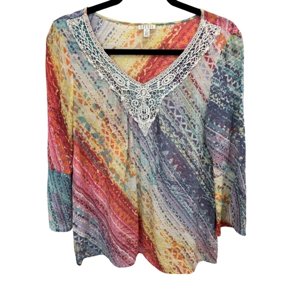 Spense V-Neck Crochet Trim 3/4 Bell Sleeve Colorful Lightweight Top Size Small